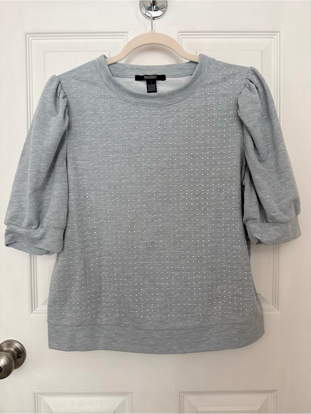 Madison Gray Silver-Studded Puff Sleeve Sweatshirt Workwear Soft Glam Size L